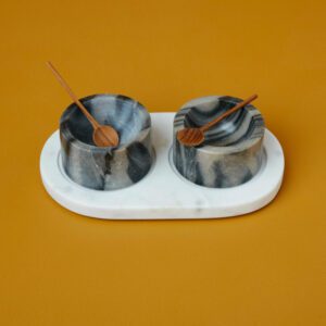 White & Grey Marble Cellars with Spoons & Tray