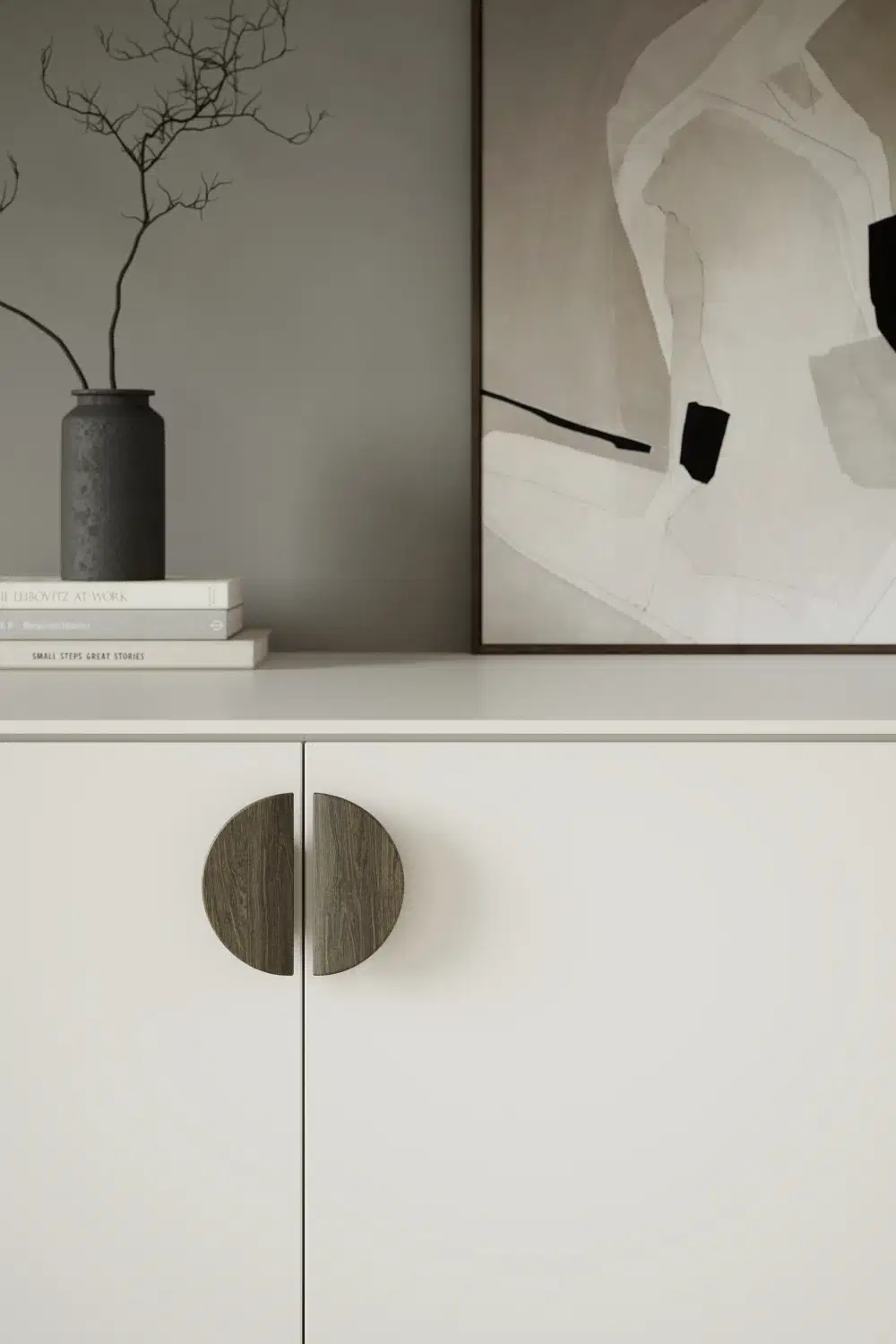 Horizon Dark Brown Large Handle on a cream cabinet