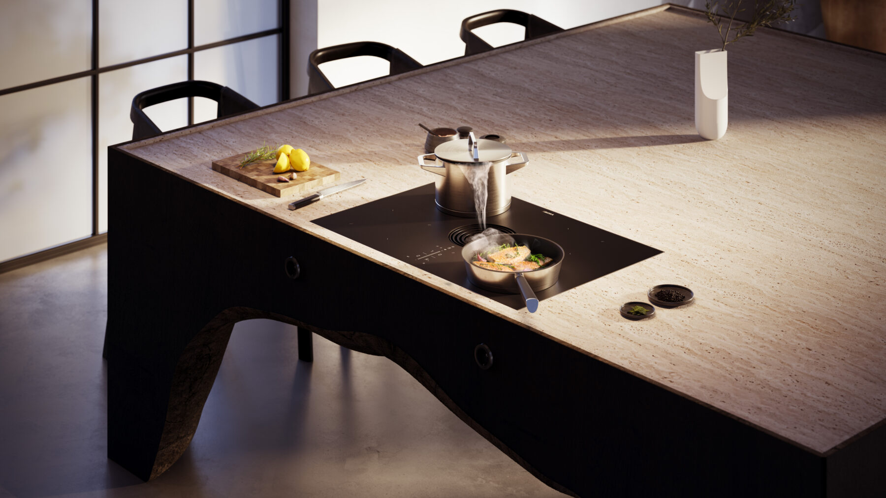 BORA Pure downdraft hob with integrated cooktop extractor and sleek black glass surface