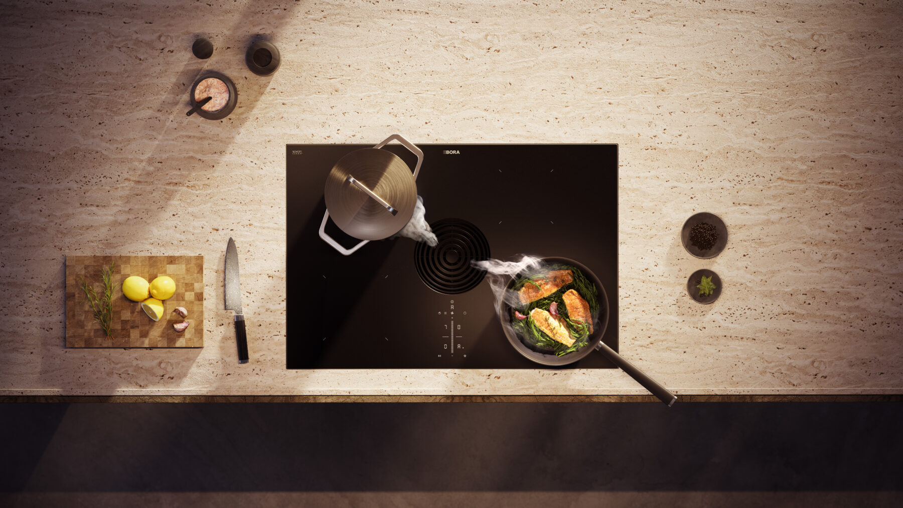 BORA Pure downdraft hob with integrated cooktop extractor and sleek black glass surface