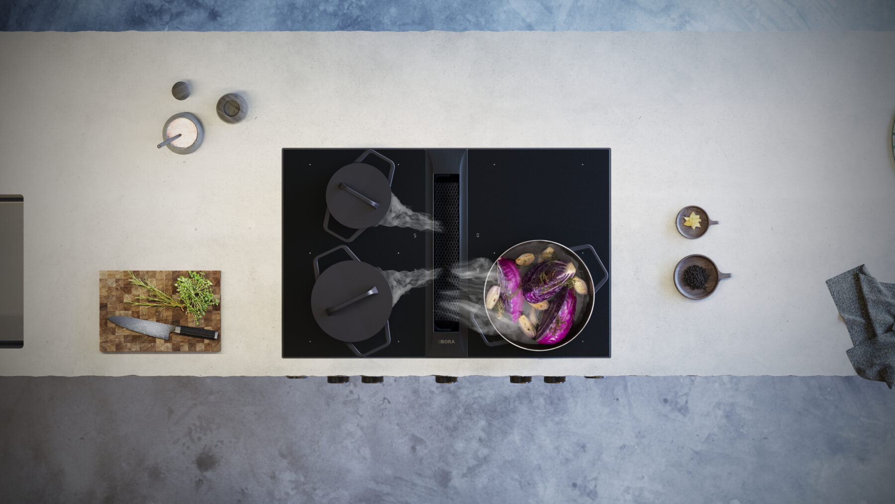 BORA_Professional_Rough_PKAS3FIABR_Topshot BORA Professional 3.0 downdraft hob with integrated cooktop extractor and sleek black glass surface