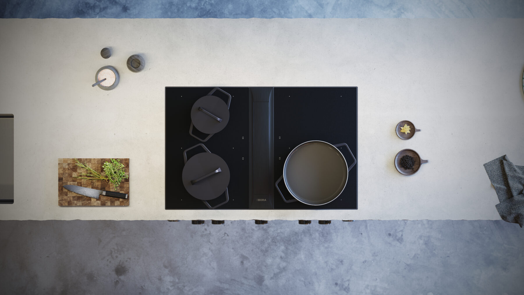 BORA_Professional_Rough_PKAS3FIABR_Topshot_off BORA Professional 3.0 downdraft hob with integrated cooktop extractor and sleek black glass surface