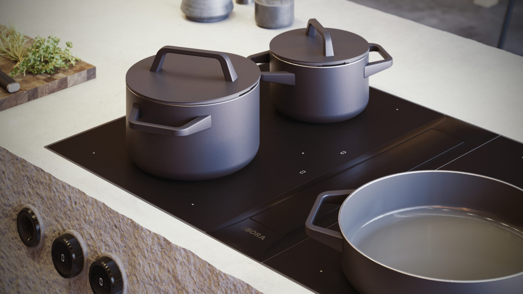 BORA_Professional_Rough_PKAS3FIABR_perspectiv BORA Professional 3.0 downdraft hob with integrated cooktop extractor and sleek black glass surface