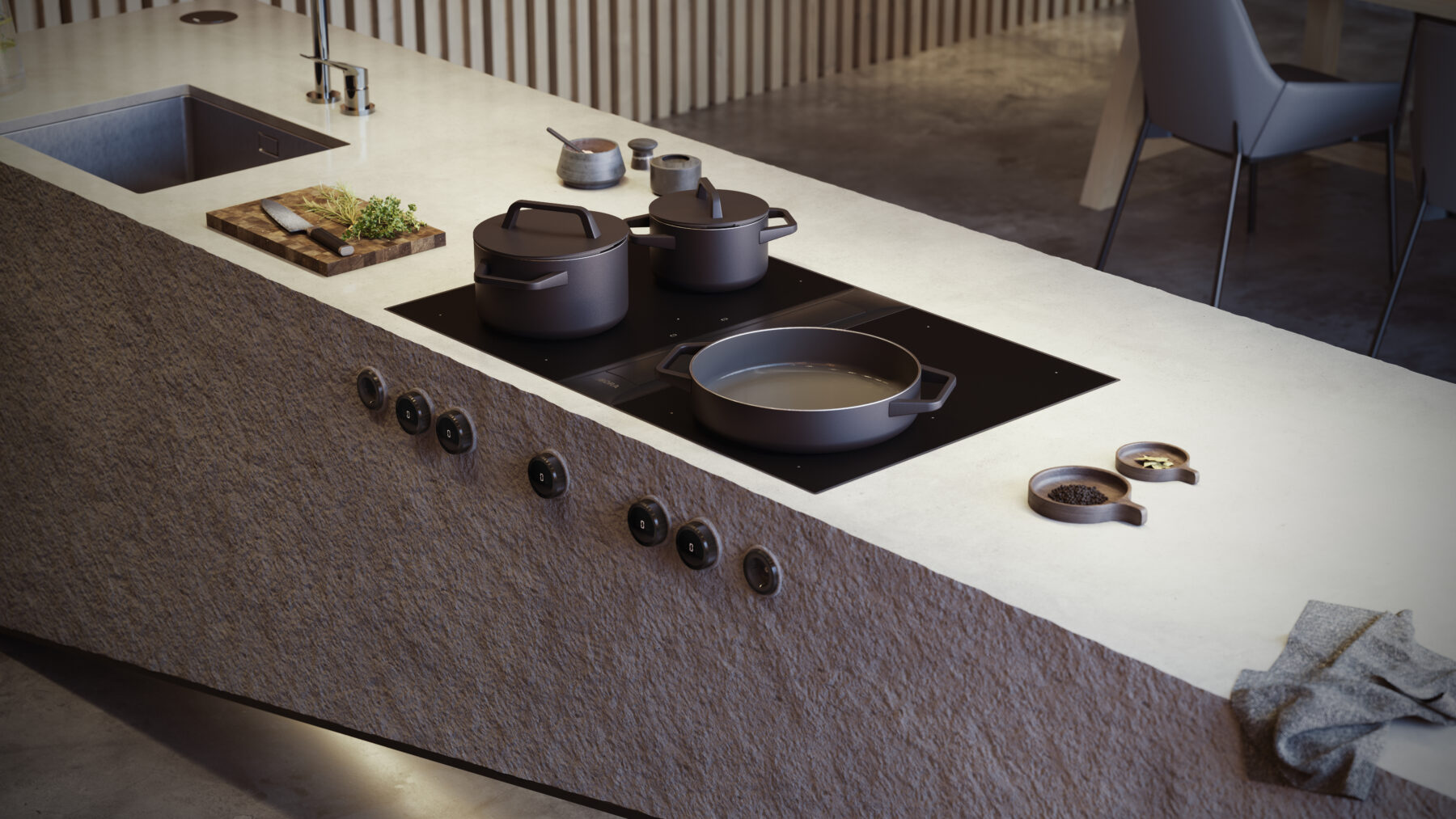 BORA_Professional_Rough_PKAS3FIABR_perspective01 BORA Professional 3.0 downdraft hob with integrated cooktop extractor and sleek black glass surface