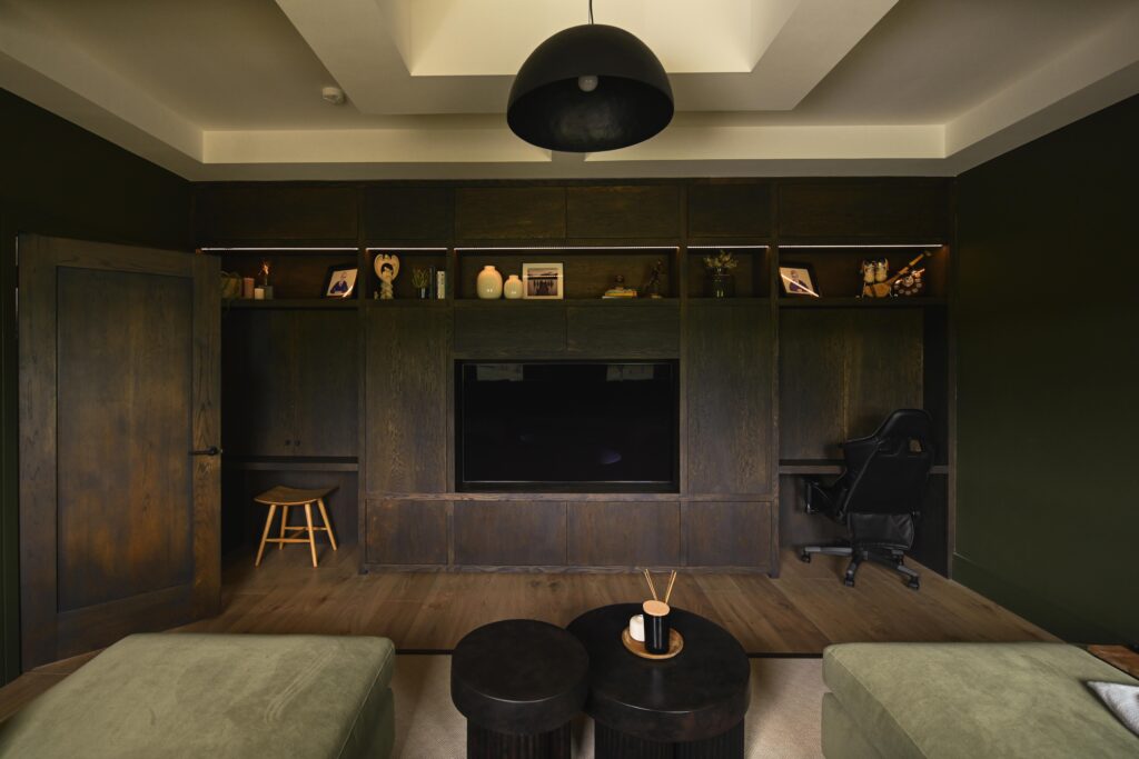Modern Bedroom with Custom Wood Paneling and Ambient Lighting