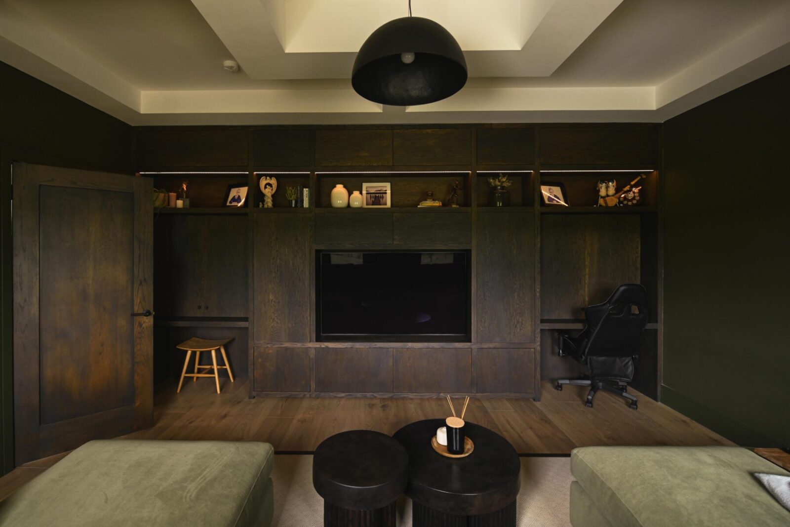 Modern Bedroom with Custom Wood Paneling and Ambient Lighting