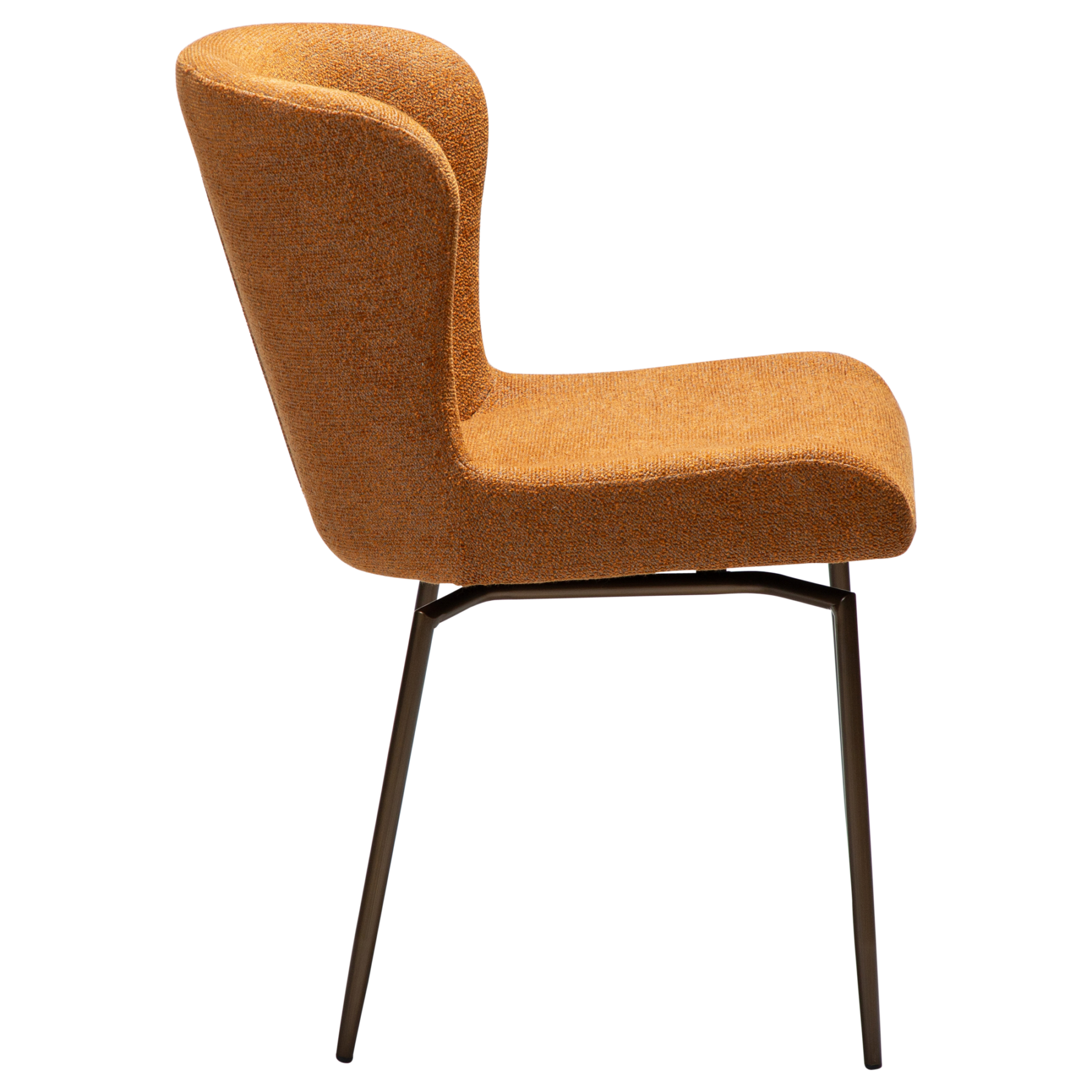 glam-swivel-chair-pumpkin-spice-boucle-w-antique-brass-legs_100208304-03-profile A side image of the Glam swivel chair in pumpkin spice with black metal legs.