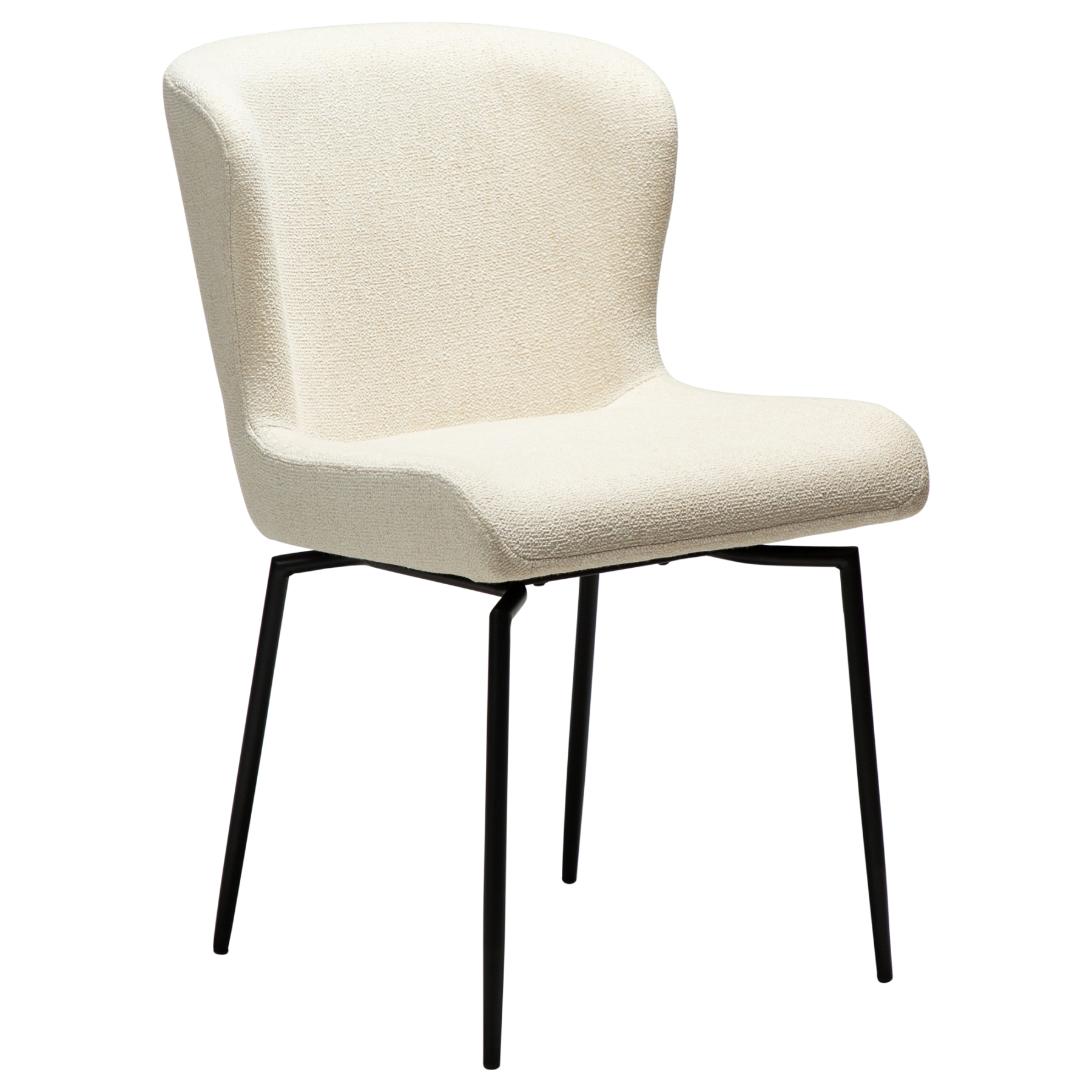 The glam swivel chair in simply beige boucle with black legs.