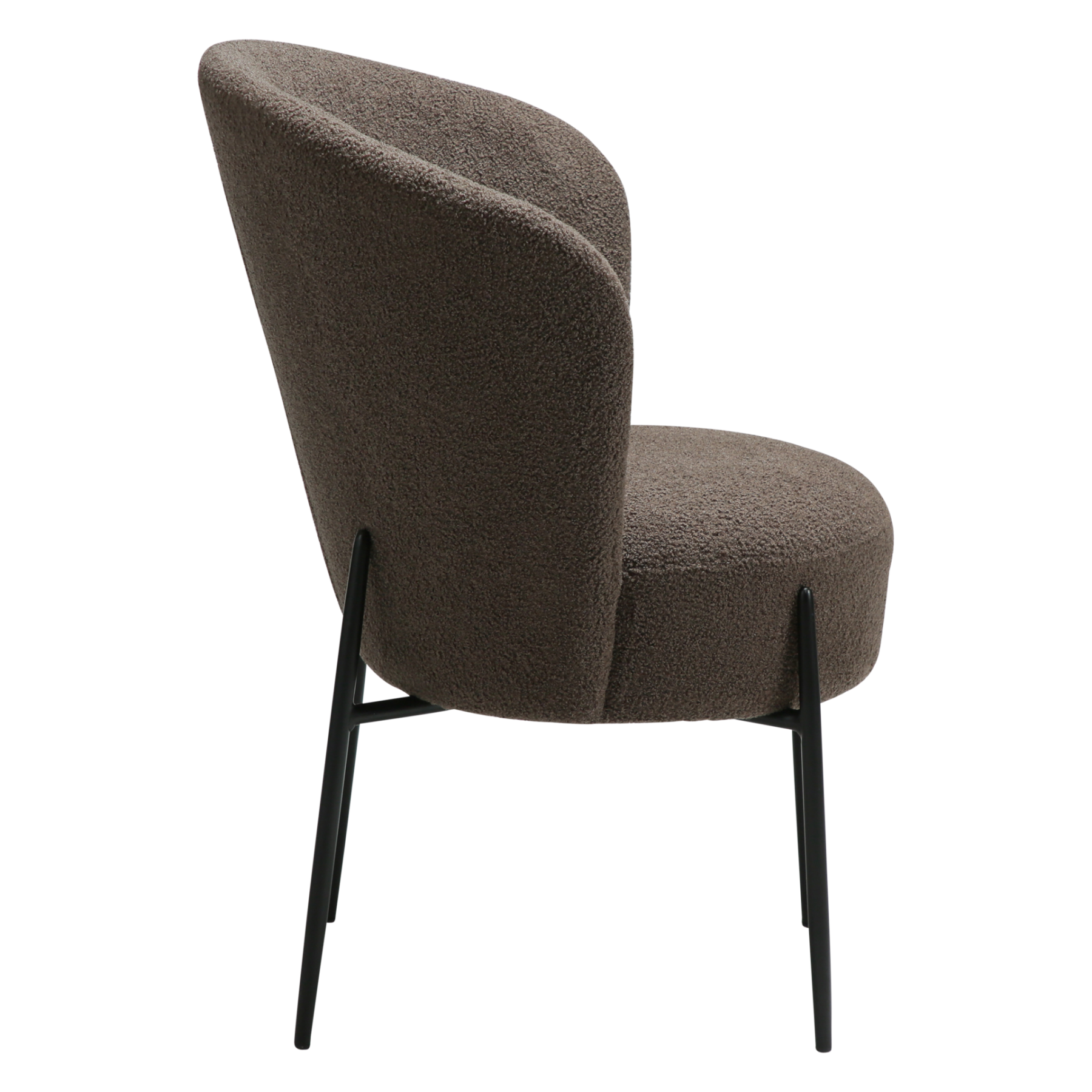 Orbit dining chair upholstered in Major Brown fabric with black metal legs, featuring a curved backrest and contemporary design for modern dining spaces.