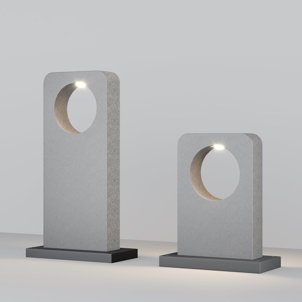 concrete outdoor landscape light with curved cut-out design, modern garden bollard lighting