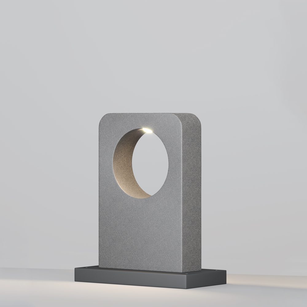 concrete outdoor landscape light with curved cut-out design, modern garden bollard lighting