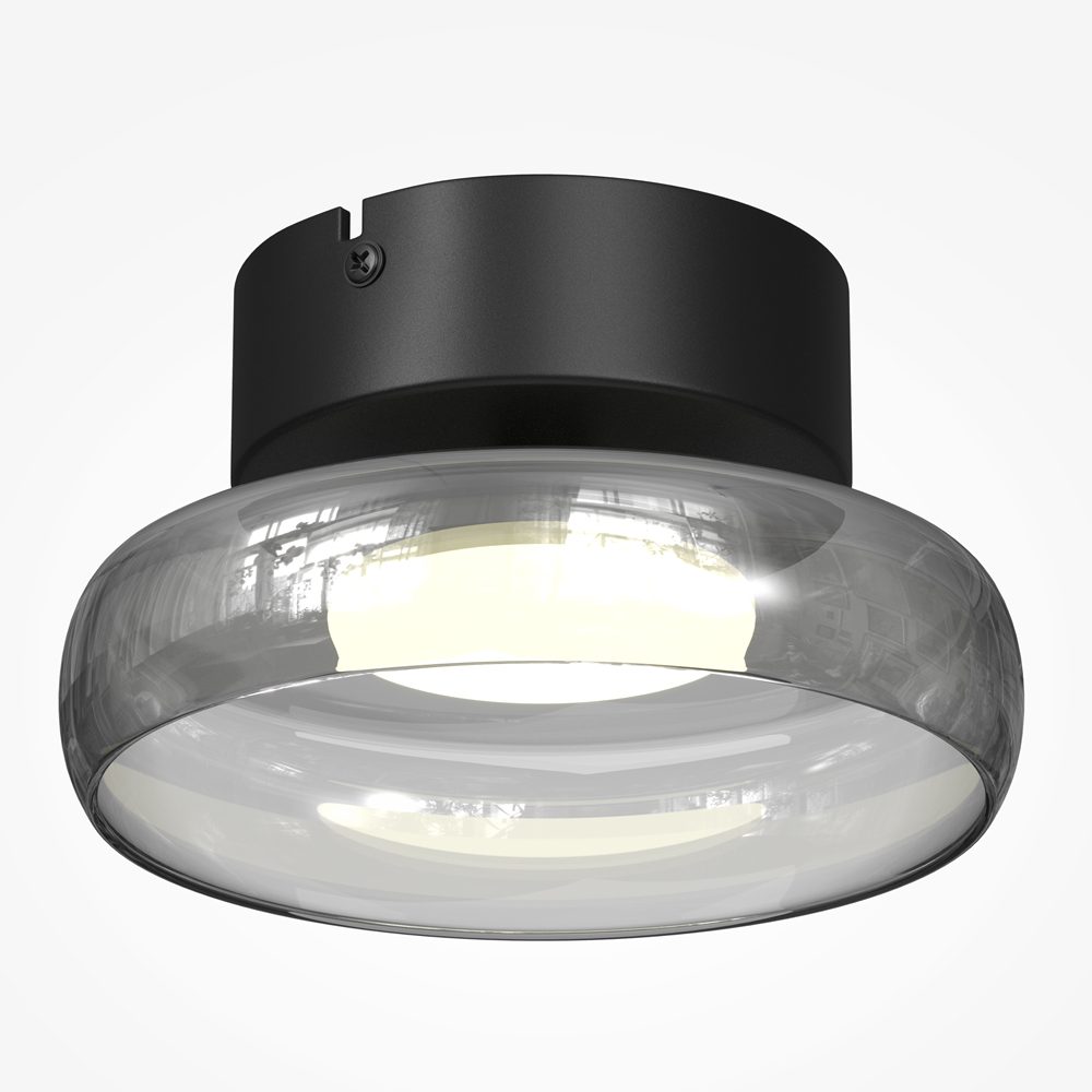 Float flush ceiling light with smoked glass shade and black finish, modern low profile ceiling lighting