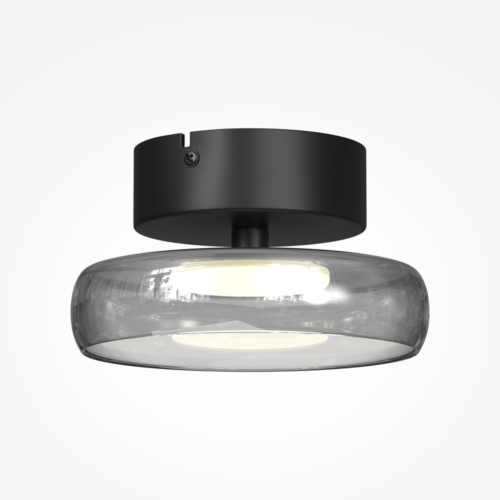 Float flush ceiling light with smoked glass shade and black finish, modern low profile ceiling lighting