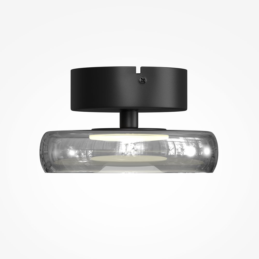 Float flush ceiling light with smoked glass shade and black finish, modern low profile ceiling lighting