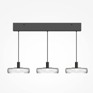 Float triple pendant light with clear glass shades and black frame over kitchen island