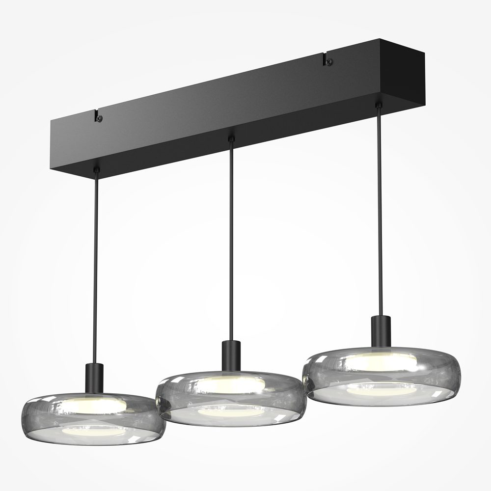 Float triple pendant light with smoked glass shades and black frame, modern kitchen island lighting