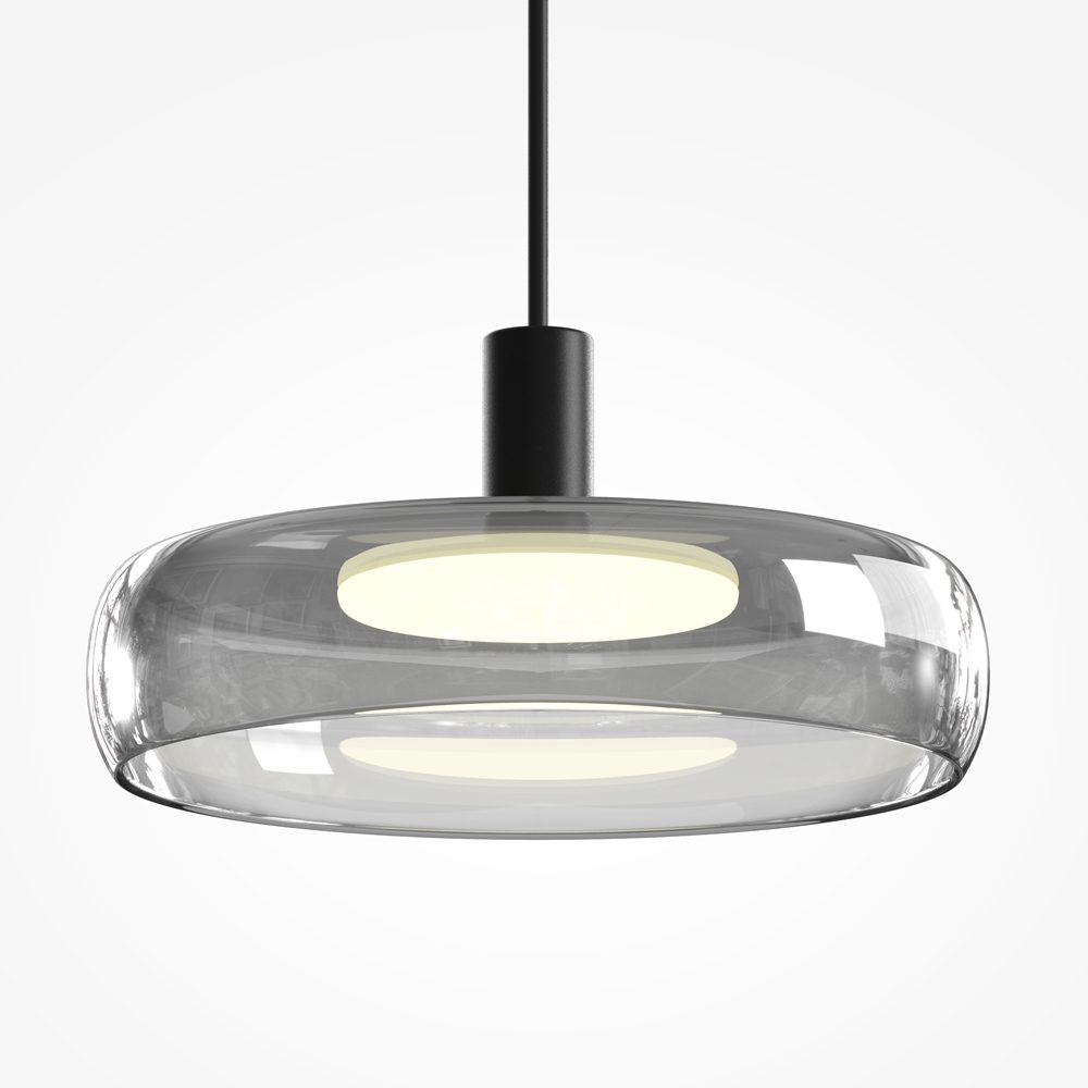Float triple pendant light with smoked glass shades and black frame, modern kitchen island lighting