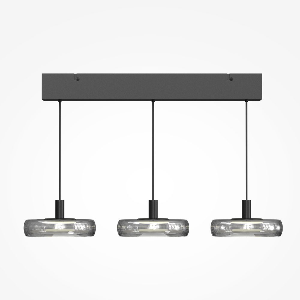 Float triple pendant light with smoked glass shades and black frame, modern kitchen island lighting