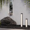 modern outdoor bollard light with textured diffuser and black frame, garden pathway lighting