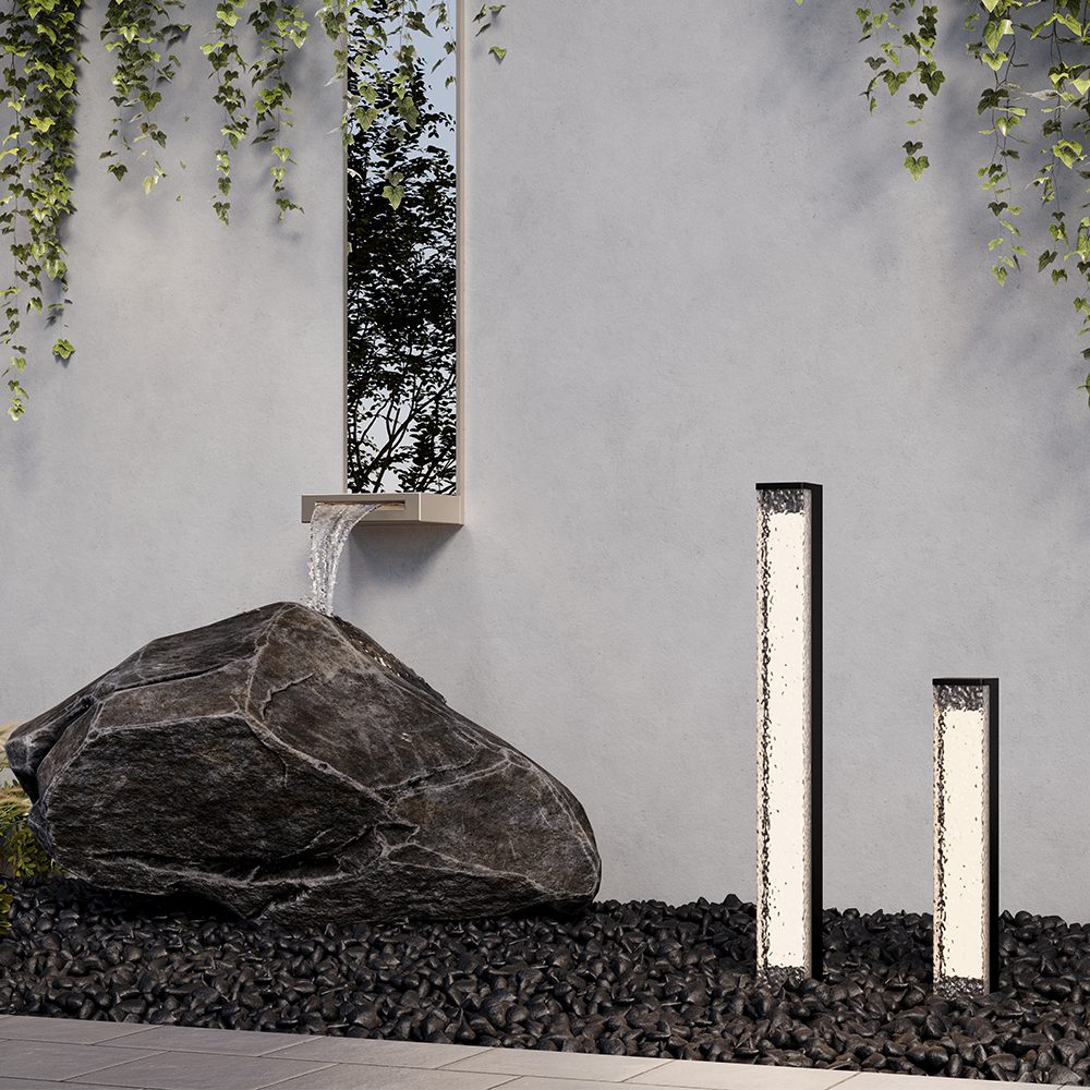 modern outdoor bollard light with textured diffuser and black frame, garden pathway lighting