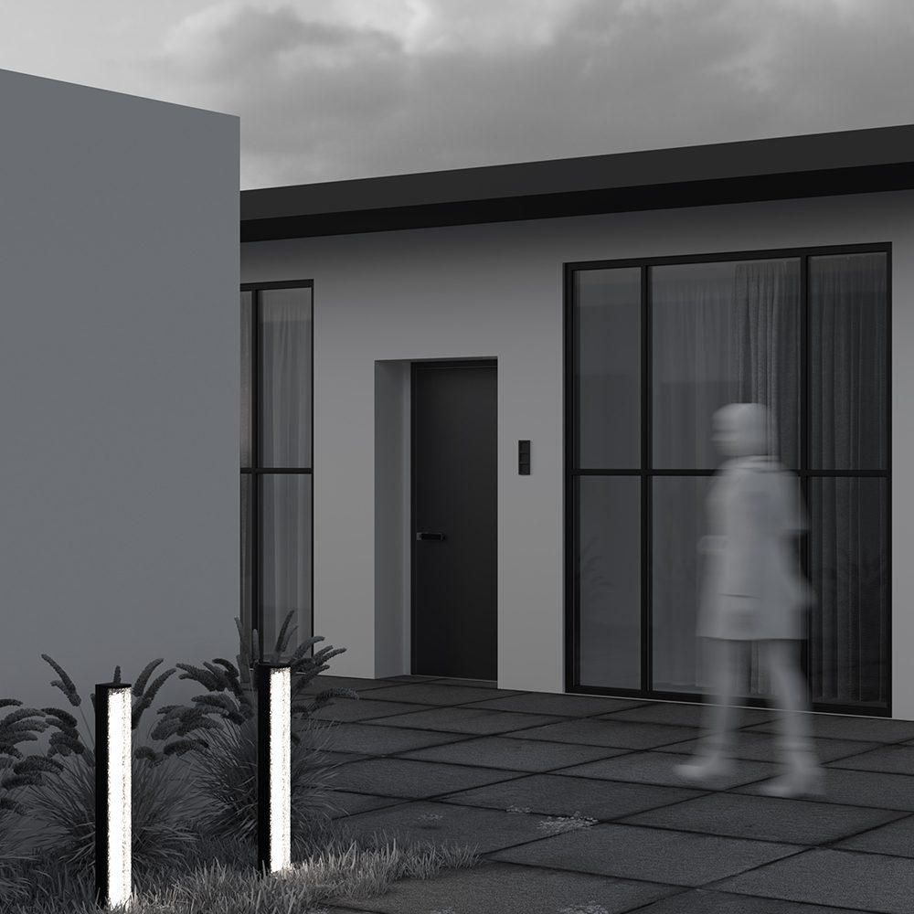 modern outdoor bollard light with textured diffuser and black frame, garden pathway lighting