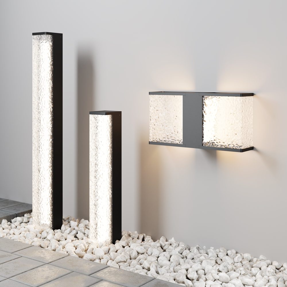 modern outdoor bollard light with textured diffuser and black frame, garden pathway lighting