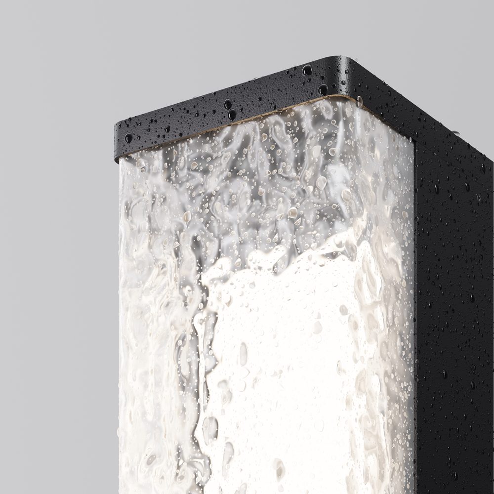 modern outdoor bollard light with textured diffuser and black frame, garden pathway lighting