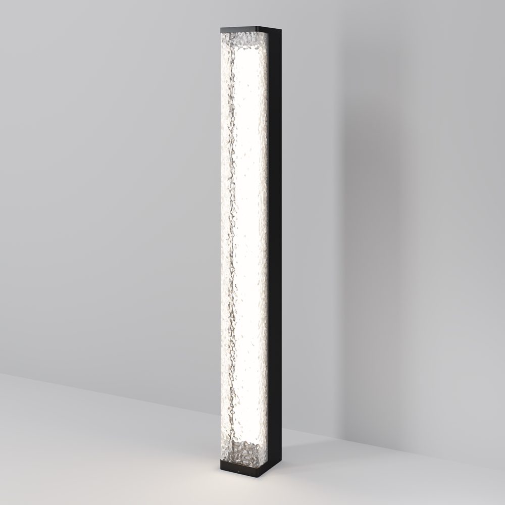 modern outdoor bollard light with textured diffuser and black frame, garden pathway lighting