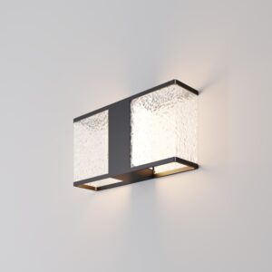 modern outdoor wall light with textured diffuser panels and black frame, IP65 exterior lighting