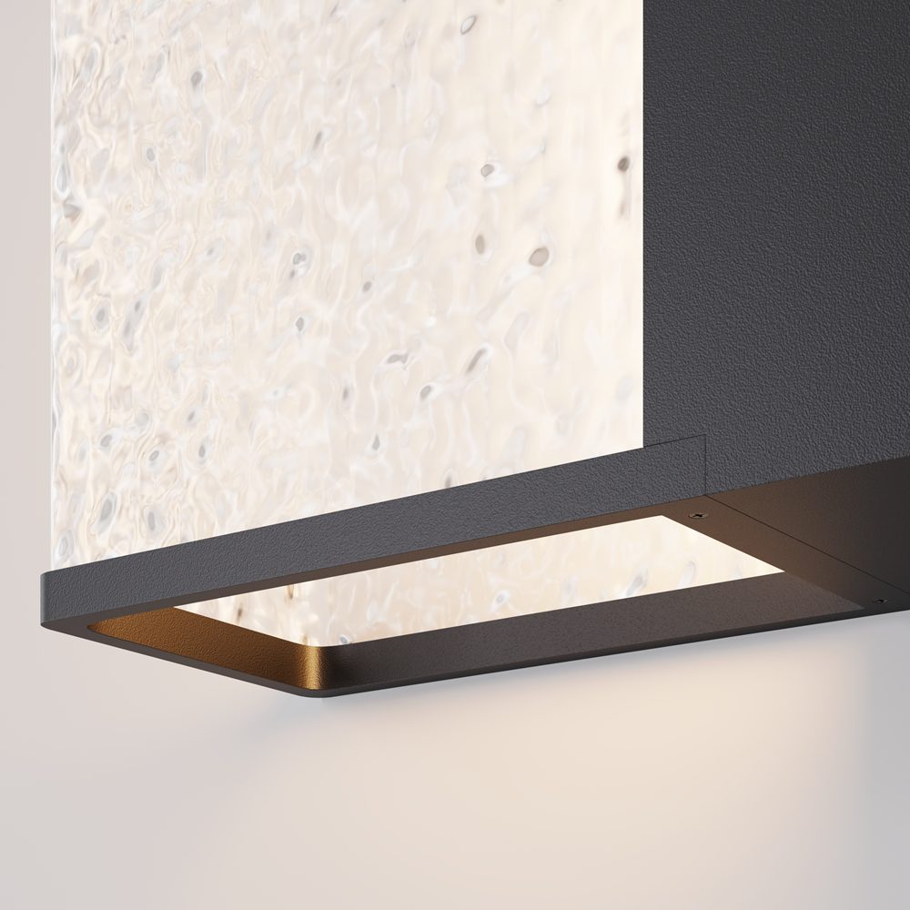 modern outdoor wall light with textured diffuser panels and black frame, IP65 exterior lighting