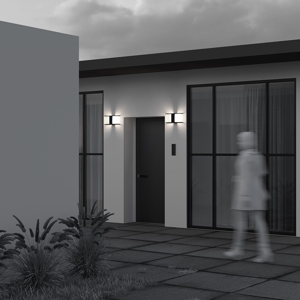modern outdoor wall light with textured diffuser panels and black frame, IP65 exterior lighting
