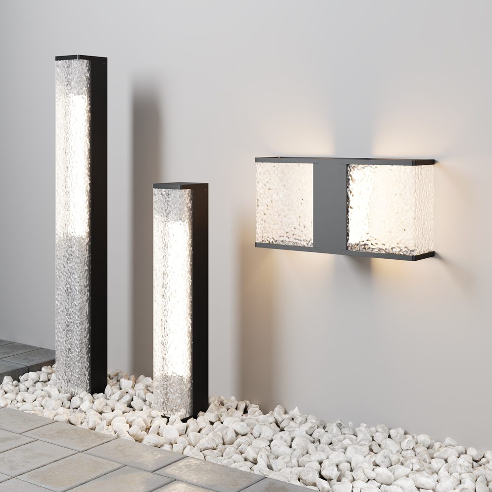 modern outdoor wall light with textured diffuser panels and black frame, IP65 exterior lighting