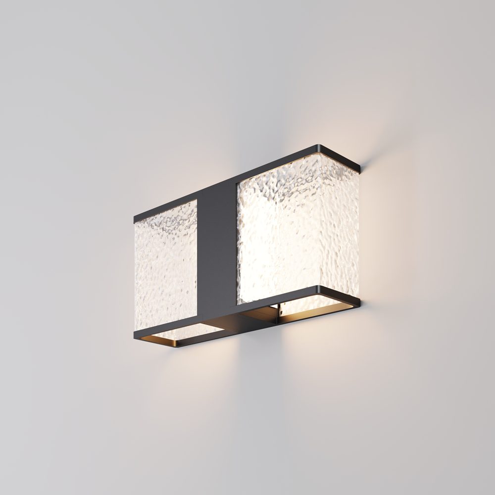 modern outdoor wall light with textured diffuser panels and black frame, IP65 exterior lighting
