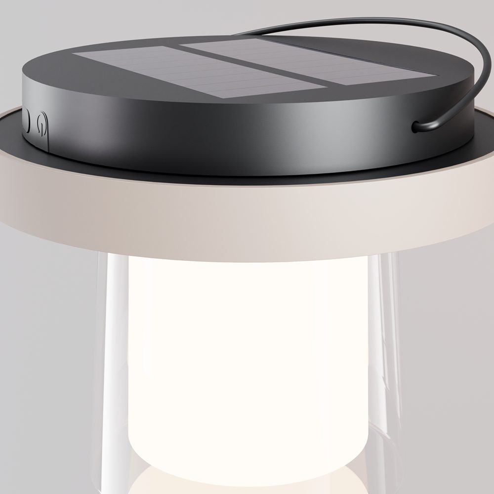 portable outdoor table lamp with glass shade and warm LED light, modern ambient lighting