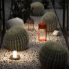 portable outdoor table lamp with glass shade and warm LED light, modern ambient lighting