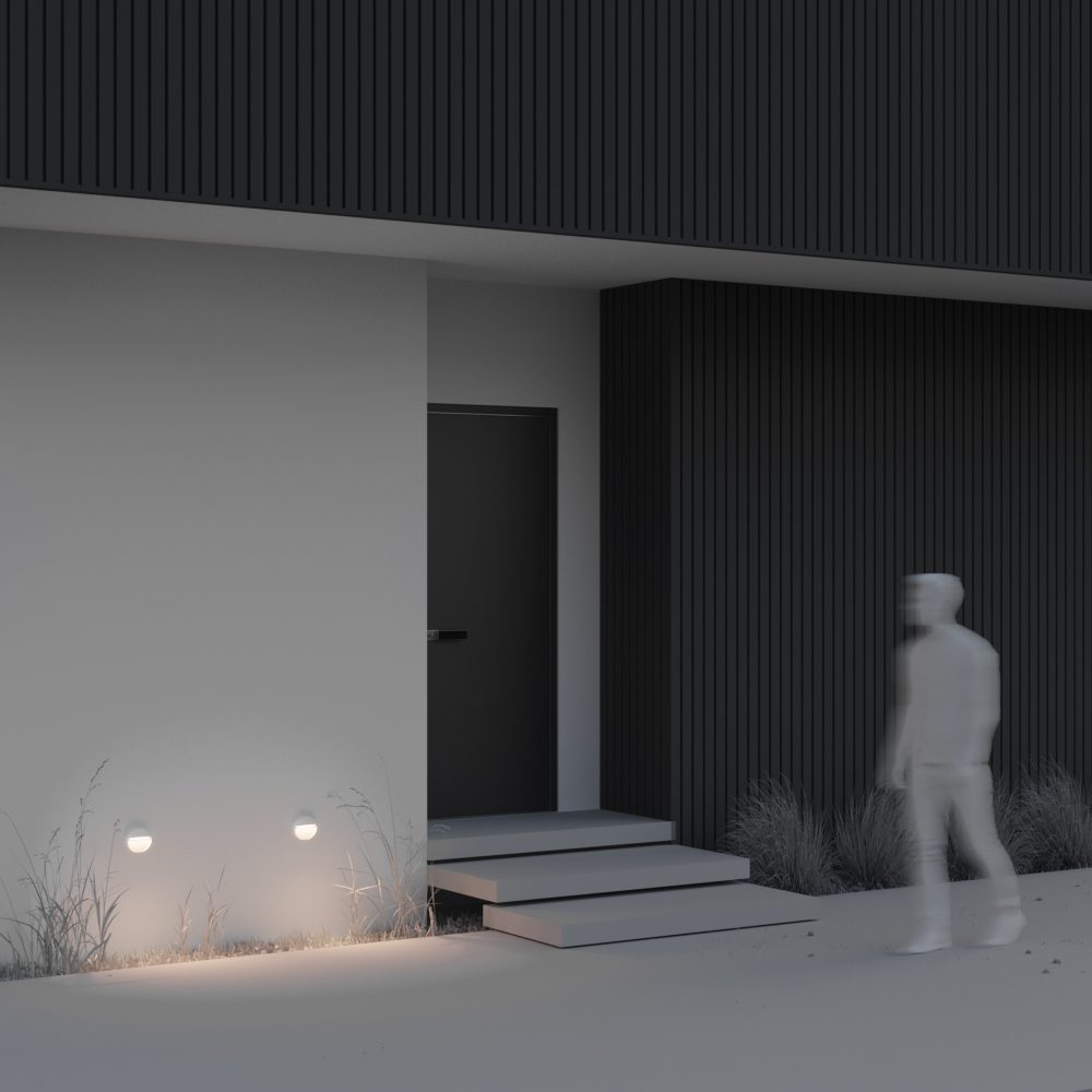 white outdoor stair light with downward glow, modern step light for pathway and steps