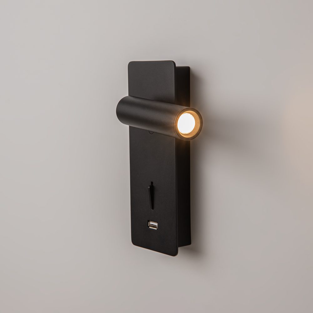 black adjustable wall reading light with USB port, modern bedside spotlight