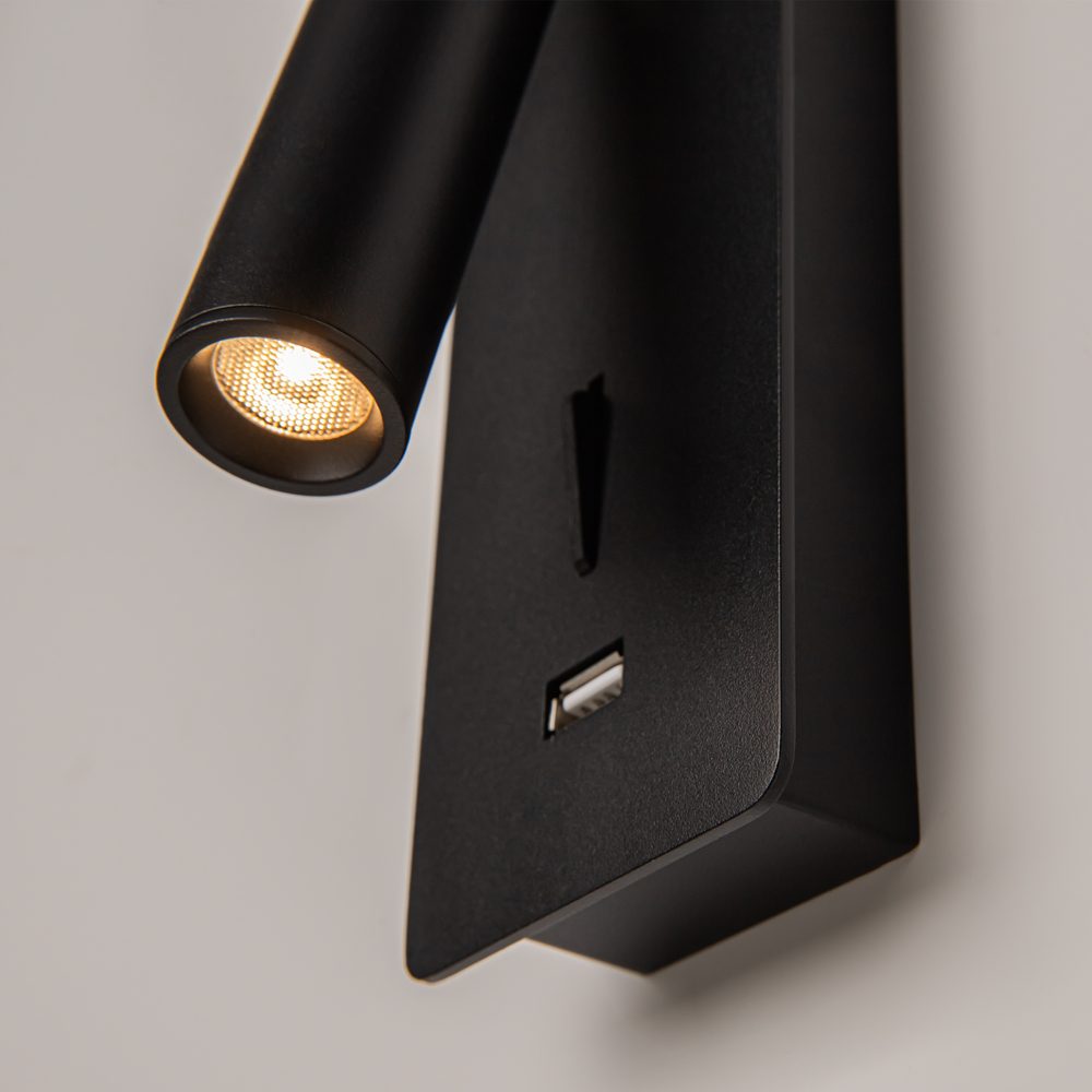 black adjustable wall reading light with USB port, modern bedside spotlight