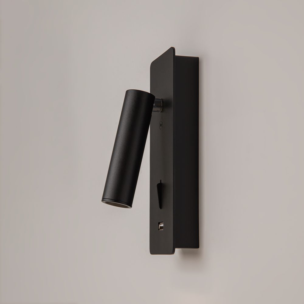 black adjustable wall reading light with USB port, modern bedside spotlight