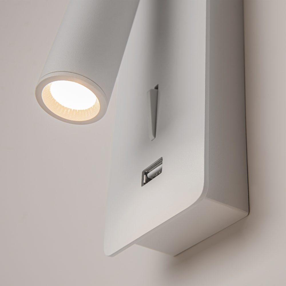 white adjustable wall reading light with USB port, modern bedside spotlight