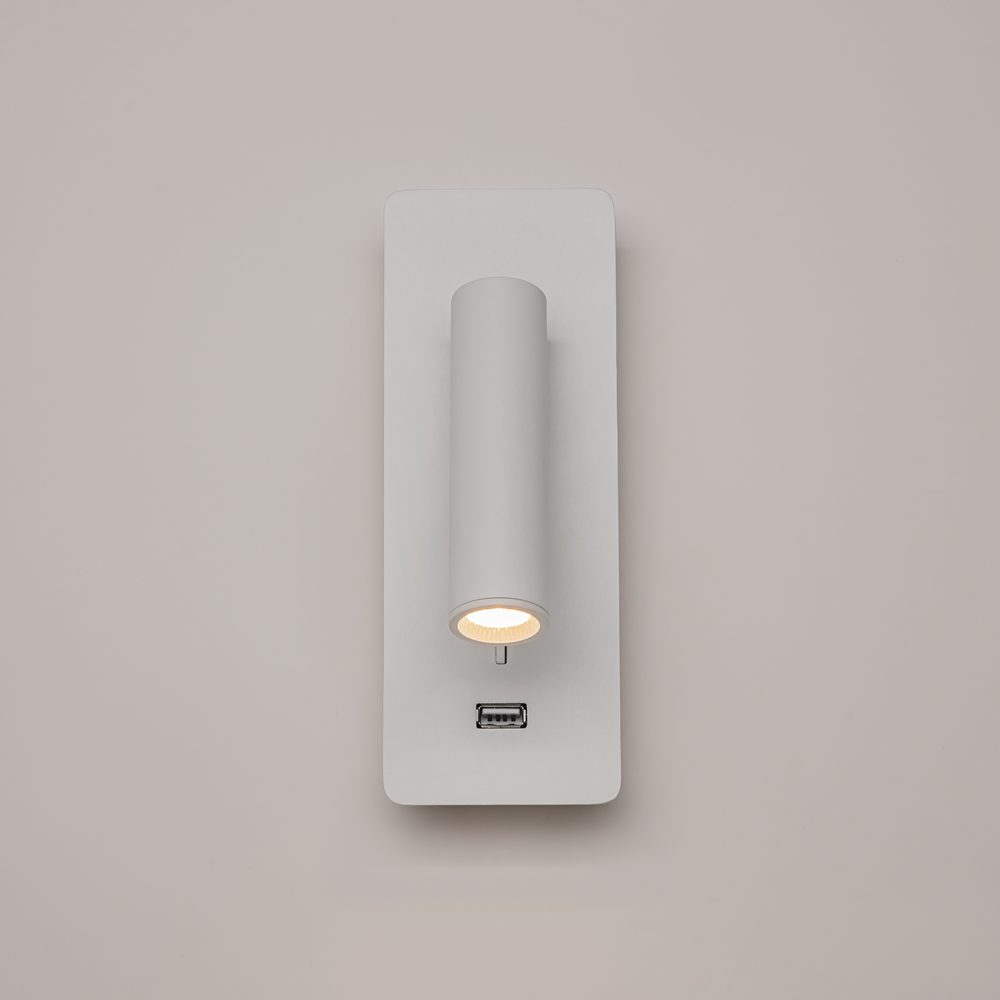 white adjustable wall reading light with USB port, modern bedside spotlight