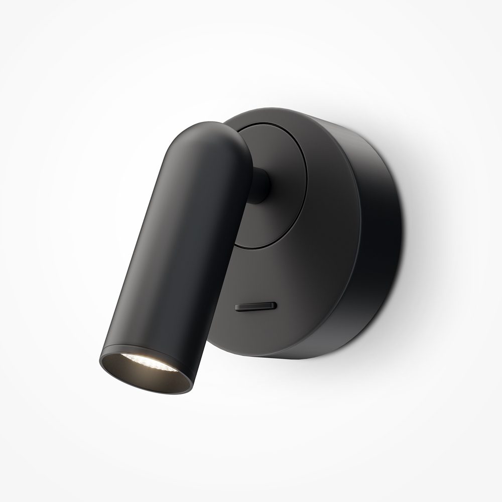 black adjustable wall reading light with focused spotlight, modern bedside wall light