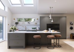 Warm grey shaker kitchen with island and in a modern Irish home