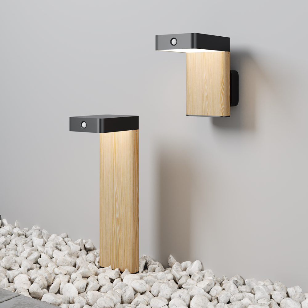 solar outdoor bollard light with wood effect finish and black top, modern garden pathway lighting