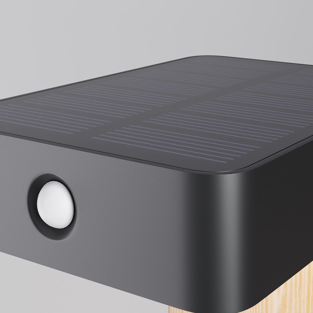 solar outdoor bollard light with wood effect finish and black top, modern garden pathway lighting