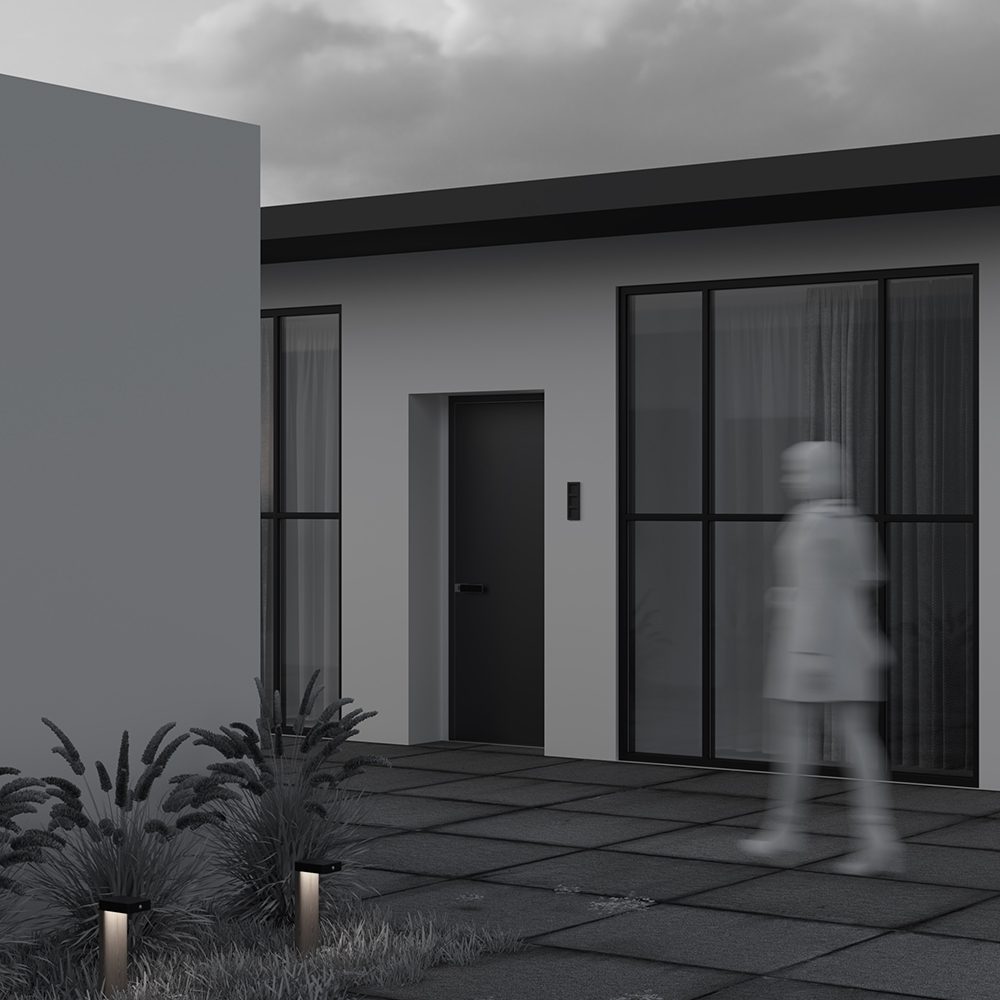 solar outdoor bollard light with wood effect finish and black top, modern garden pathway lighting