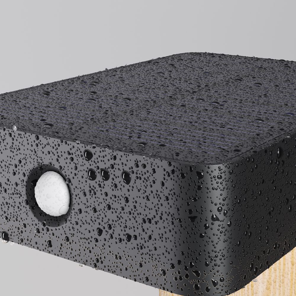 solar outdoor bollard light with wood effect finish and black top, modern garden pathway lighting