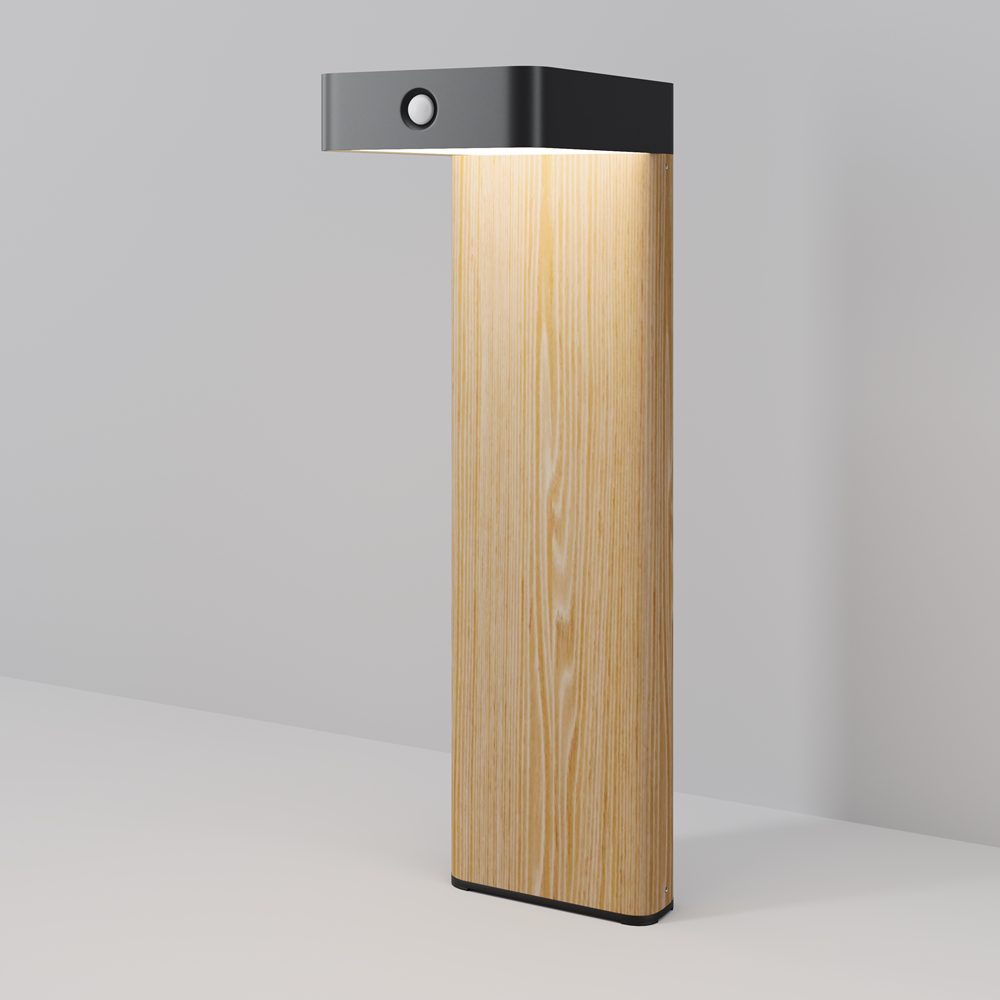 solar outdoor bollard light with wood effect finish and black top, modern garden pathway lighting