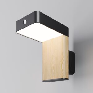 solar outdoor wall light with wood effect finish and motion sensor, modern exterior lighting