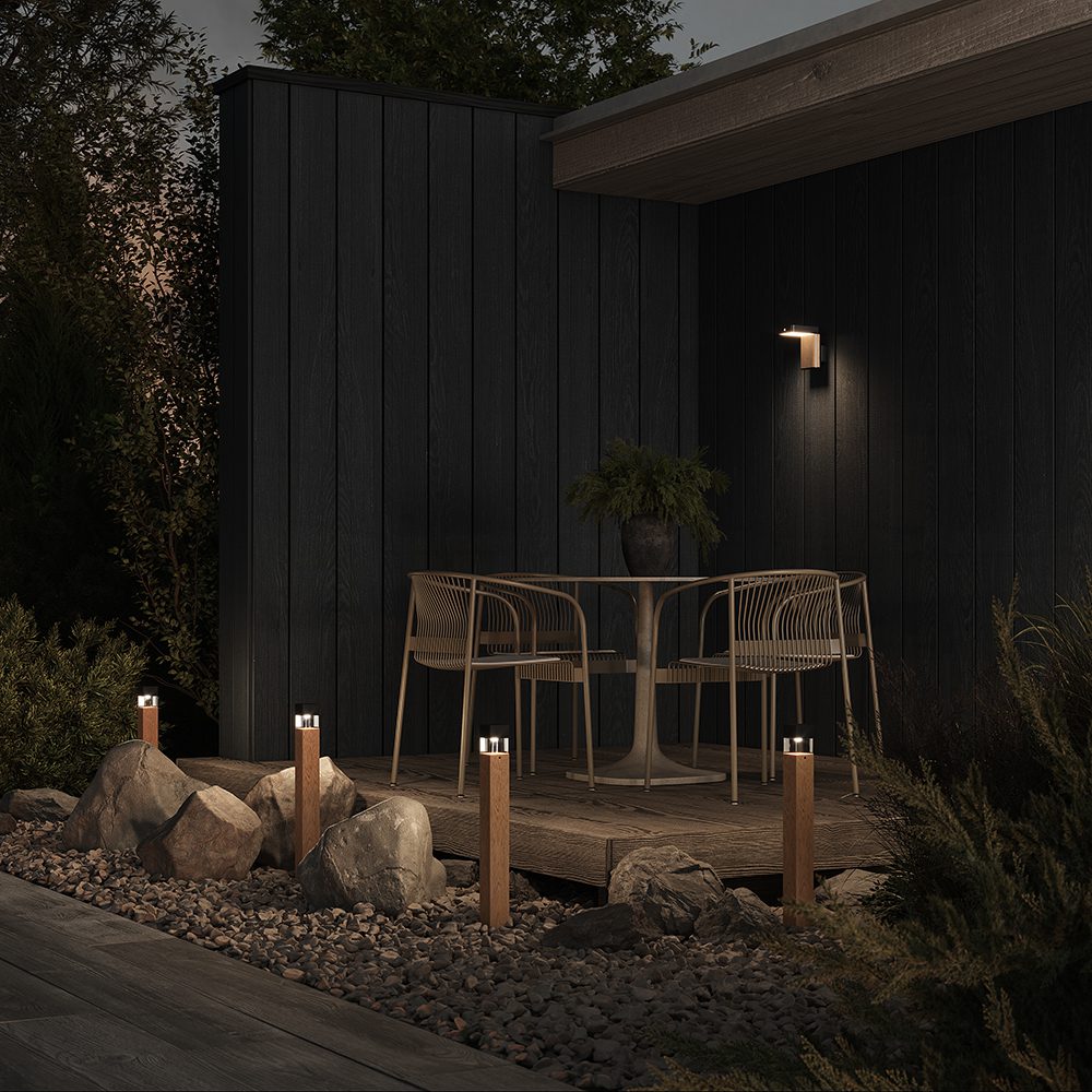 solar outdoor wall light with wood effect finish and motion sensor, modern exterior lighting